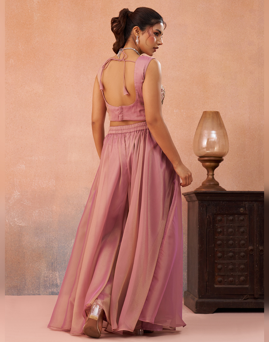 Dreamy Pastel Tissue Cape Set with Beaded Crop Top & Flared Palazzo in Pink & Sage Green_2