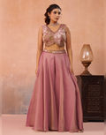 Dreamy Pastel Tissue Cape Set with Beaded Crop Top & Flared Palazzo in Pink & Sage Green_4