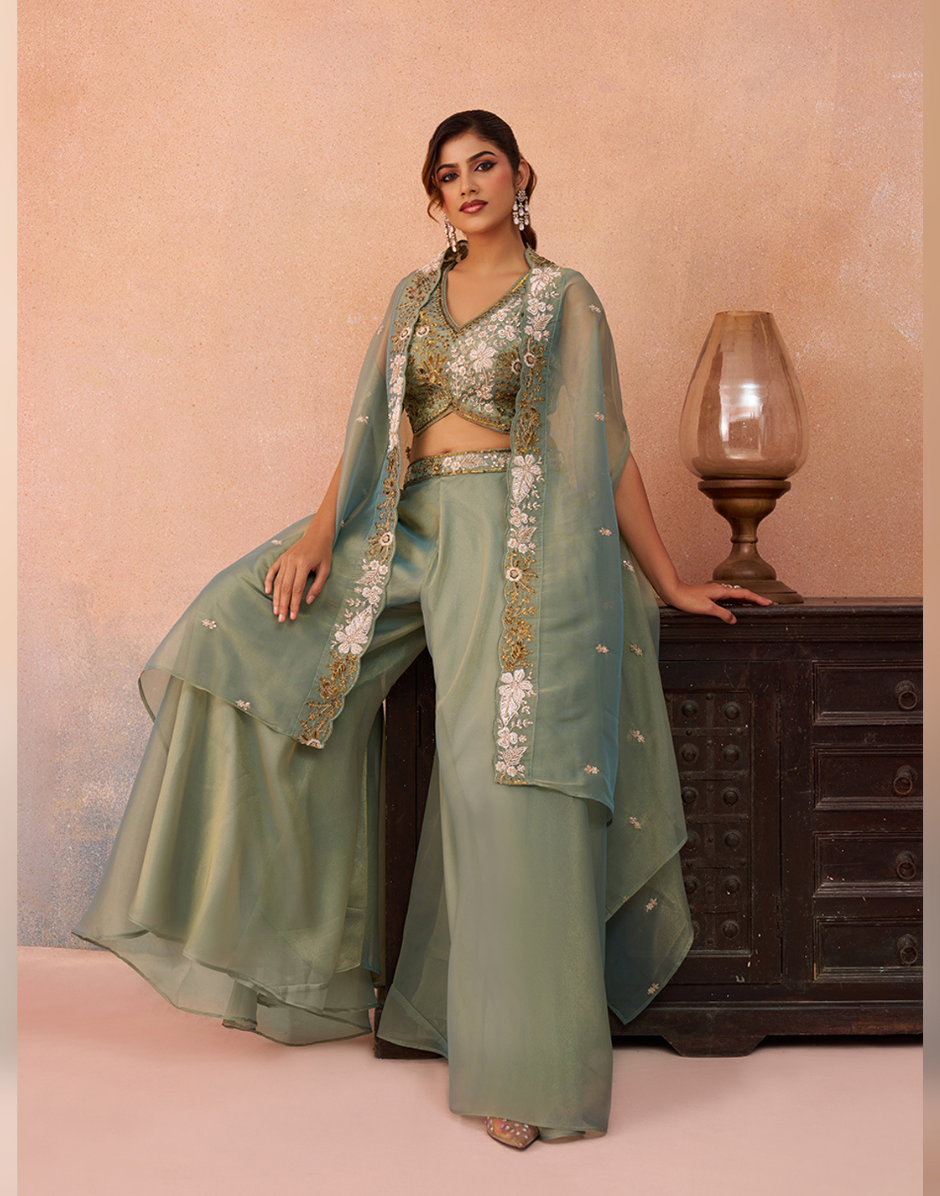 Dreamy Pastel Tissue Cape Set with Beaded Crop Top & Flared Palazzo in Pink & Sage Green_7