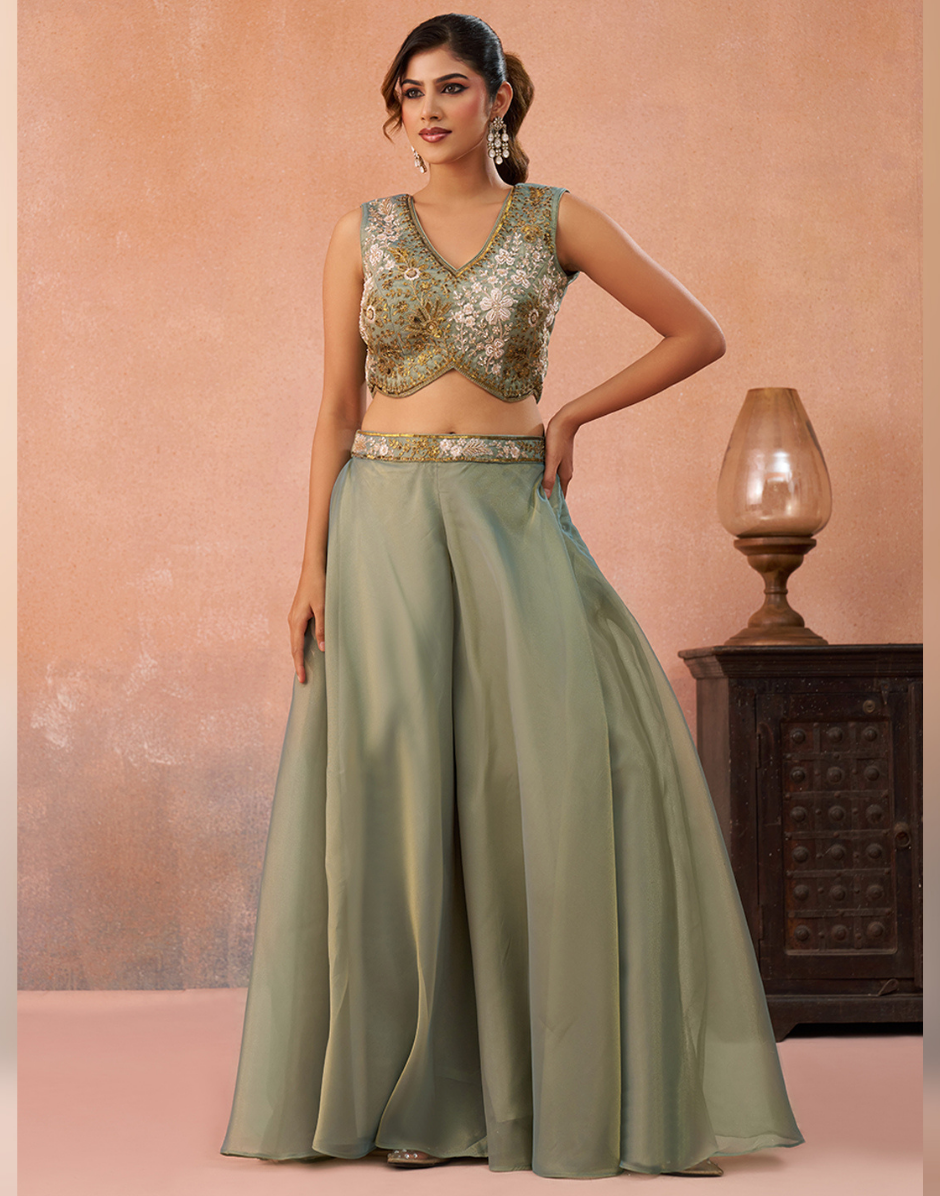 Dreamy Pastel Tissue Cape Set with Beaded Crop Top & Flared Palazzo in Pink & Sage Green_9