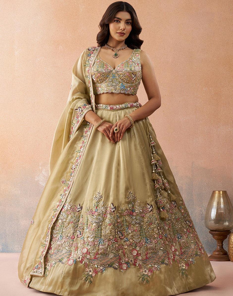 Dreamy Tissue Sequinned Zarkan Embroidered Lehenga Set with Flowing Designer Dupatta