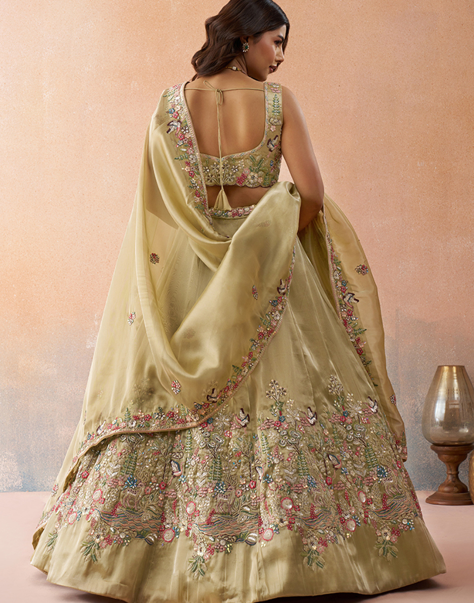 Dreamy Tissue Sequinned Zarkan Embroidered Lehenga Set with Flowing Designer Dupatta