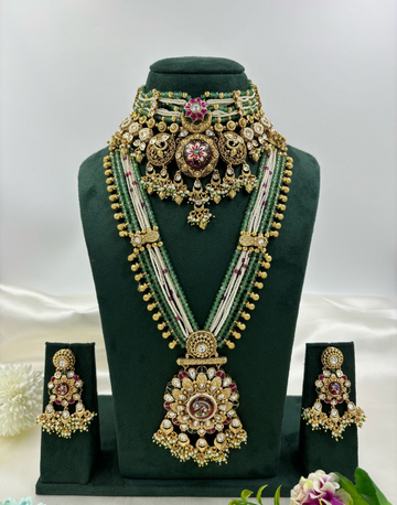 Dual Layer Kundan Necklace Set in Green & Pink Enamel Beads Includes Short & Long Necklaces with Earrings