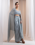 Dusty Sage Grey Three-Piece Pre-Draped Saree Set