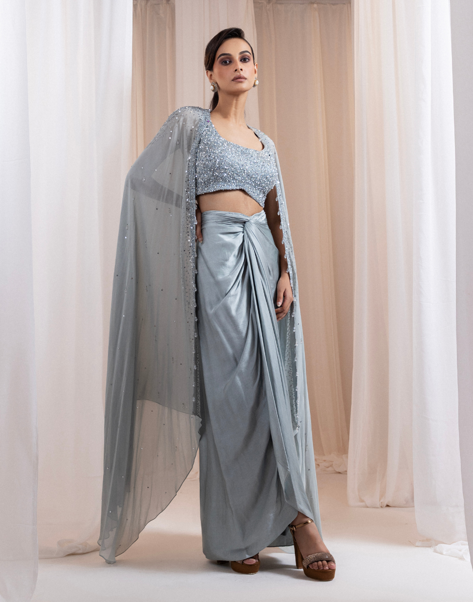 Dusty Sage Grey Three-Piece Pre-Draped Saree Set