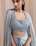 Dusty Sage Grey Three-Piece Pre-Draped Saree Set_1
