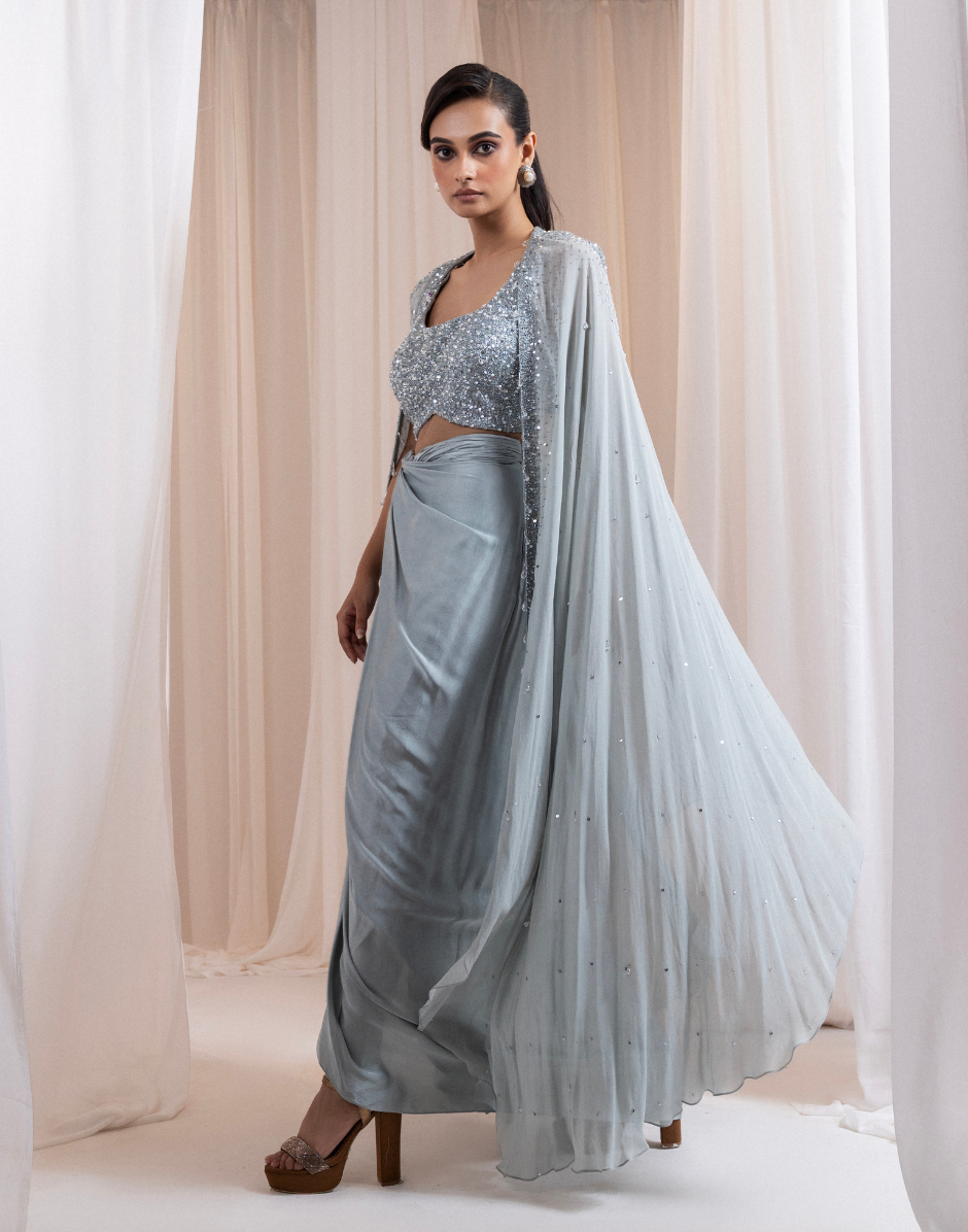 Dusty Sage Grey Three-Piece Pre-Draped Saree Set_2