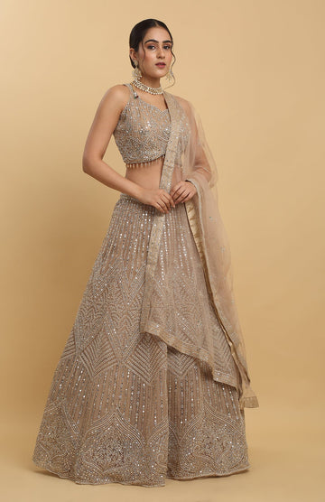 Earthy Brown Heer Embroidered Lehenga Set - Rent