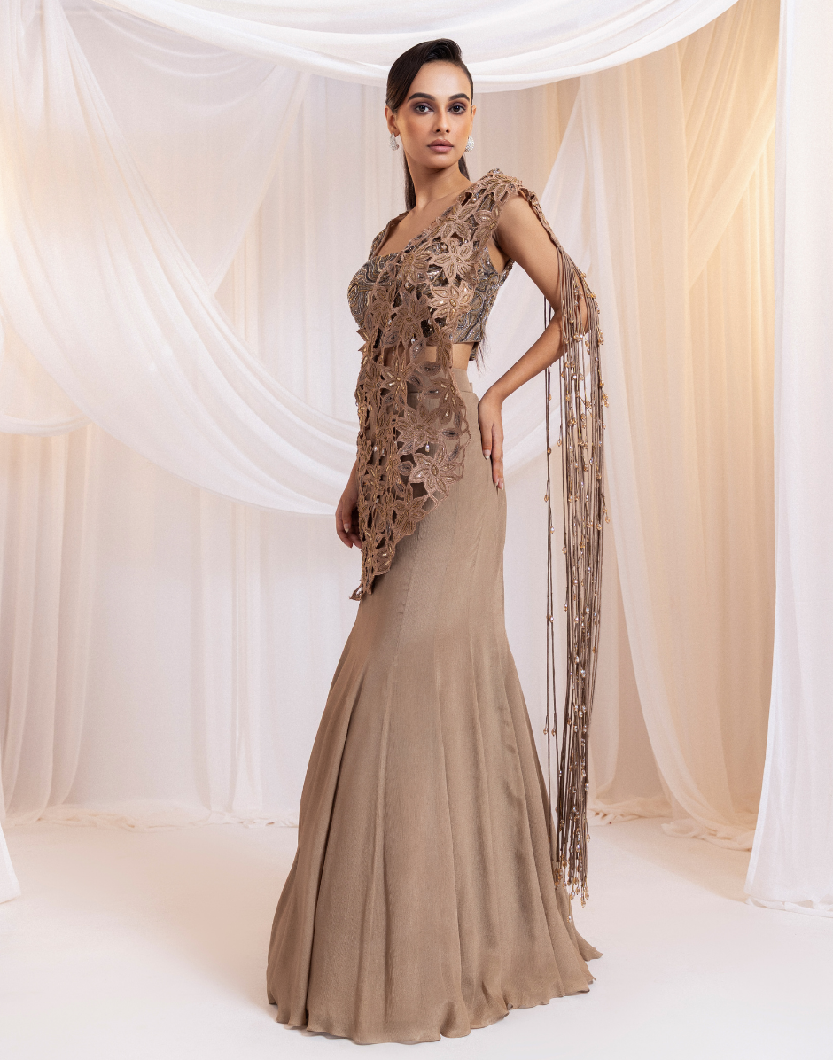 Earthy Elegance Brown Pre-Draped Saree with Shimmering Cutdana and Sculpted Silhouette