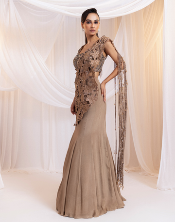Earthy Elegance Brown Pre-Draped Saree with Shimmering Cutdana and Sculpted Silhouette