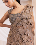 Earthy Elegance Brown Pre-Draped Saree with Shimmering Cutdana and Sculpted Silhouette_2