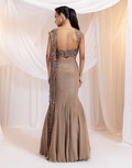 Earthy Elegance Brown Pre-Draped Saree with Shimmering Cutdana and Sculpted Silhouette_3