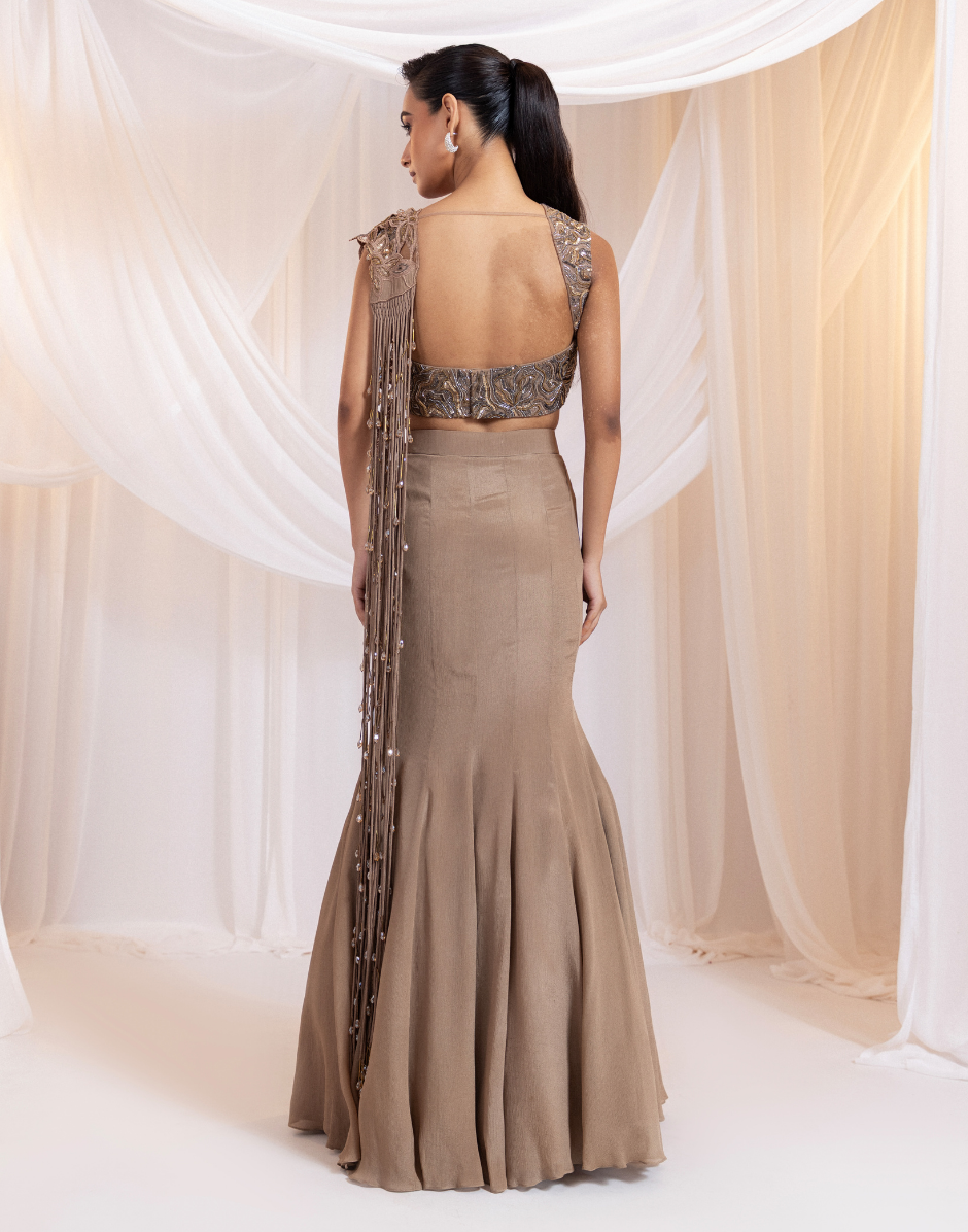 Earthy Elegance Brown Pre-Draped Saree with Shimmering Cutdana and Sculpted Silhouette_3