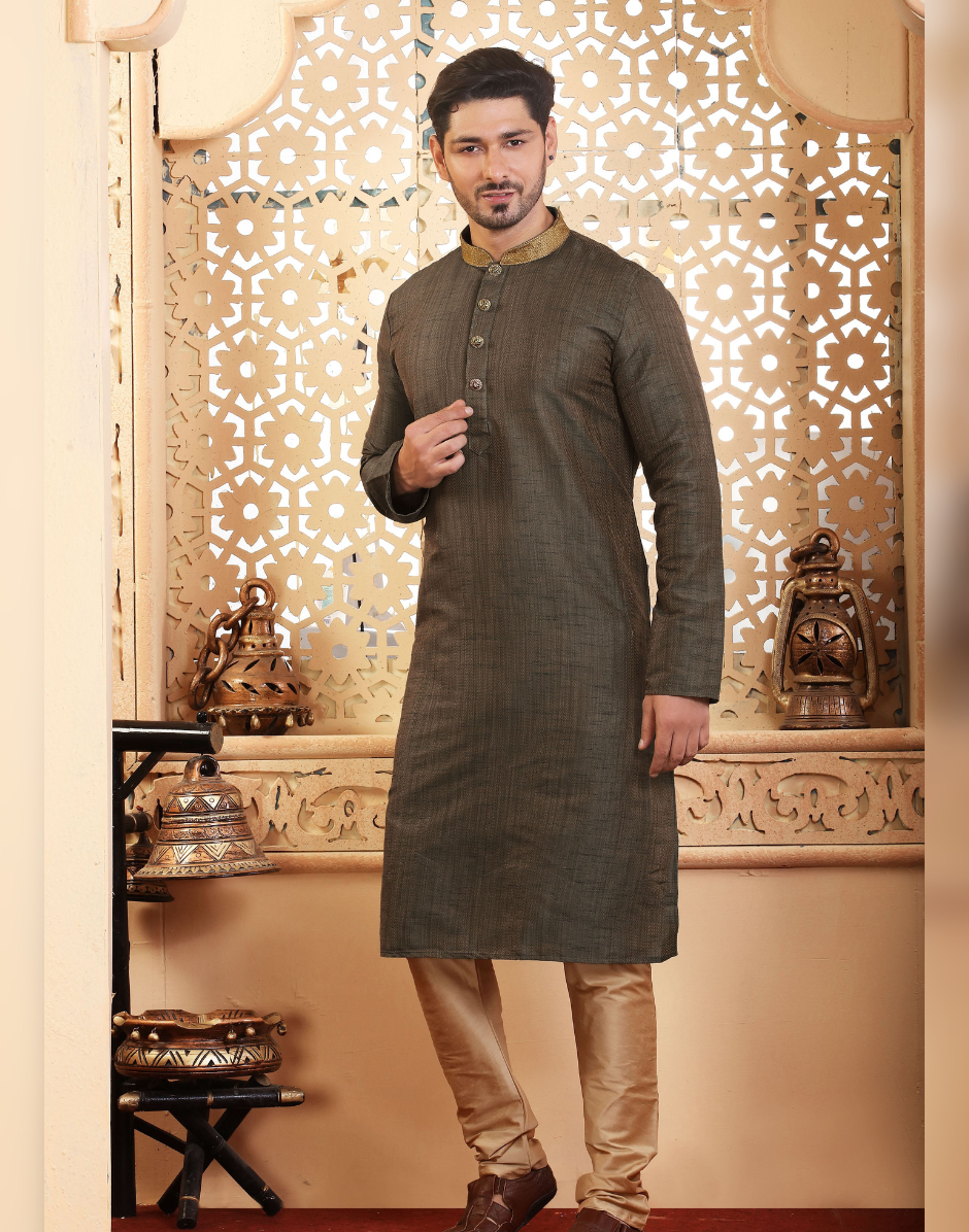 Earthy Elegance Olive Green Men’s Kurta Set for Festive Occasions