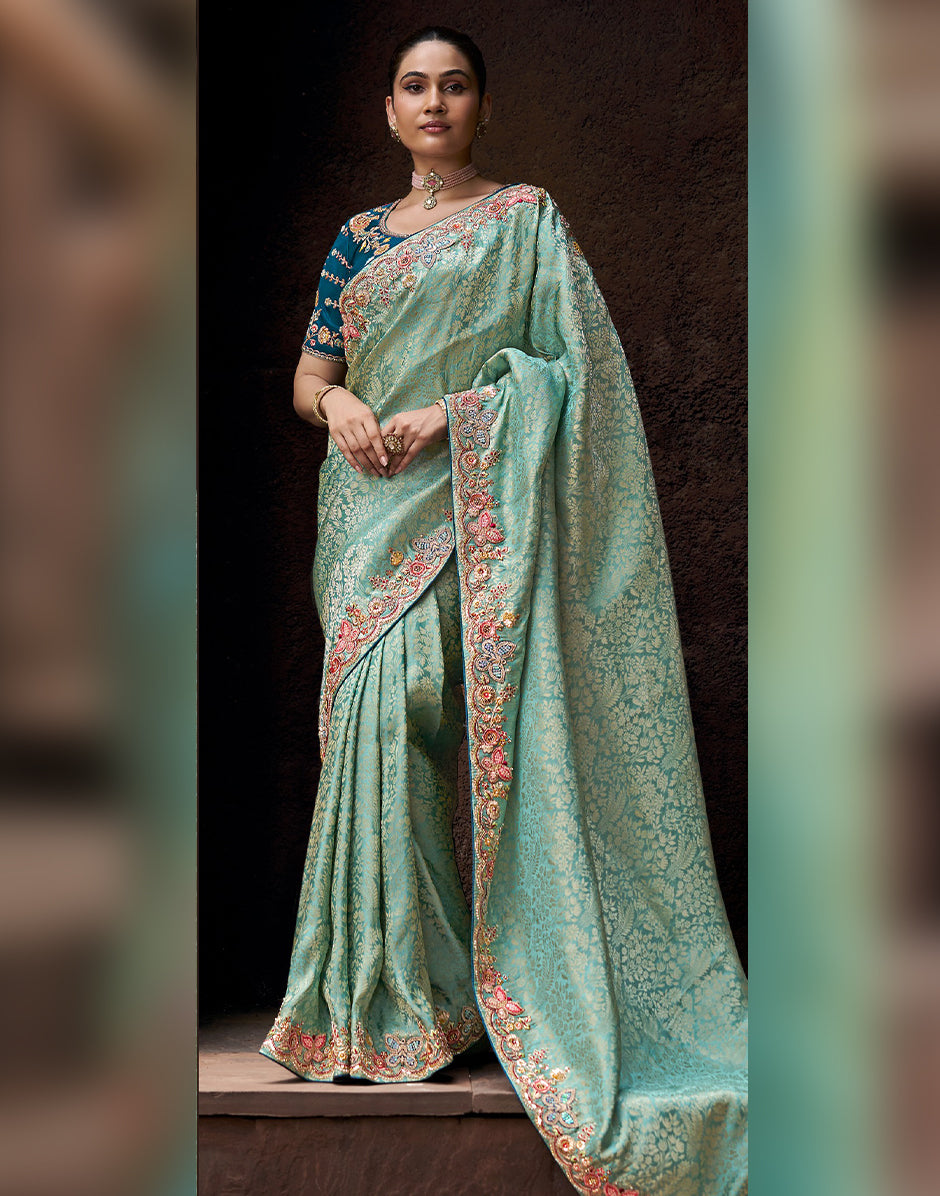 Effortless Elegance with Artistic Detailing Sea Green Designer Self-Design Embroidered Viscose Tissue Saree