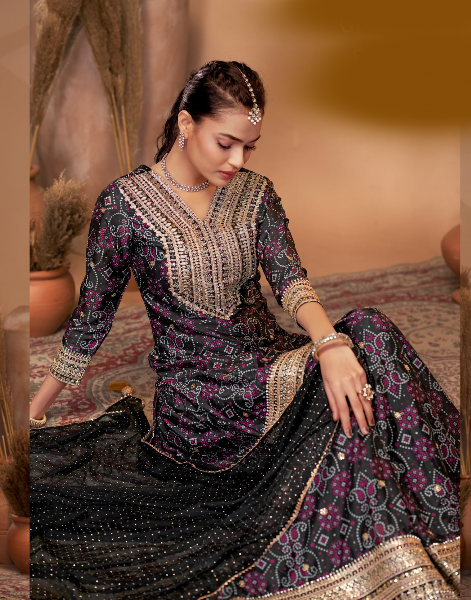 Elegance in Every Stitch Chinnon Dabka Dori Mirror Work Embroidery Top Sharara Dupatta Set_3