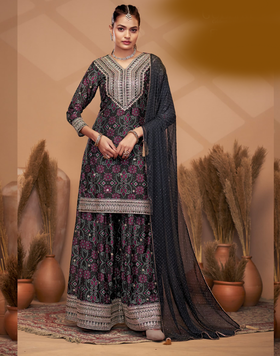 Elegance in Every Stitch Chinnon Dabka Dori Mirror Work Embroidery Top Sharara Dupatta Set_3