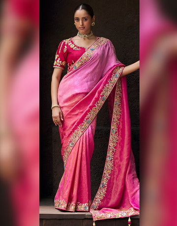Elegance in Every Thread Pink Designer Embroidered Viscose Tissue Saree