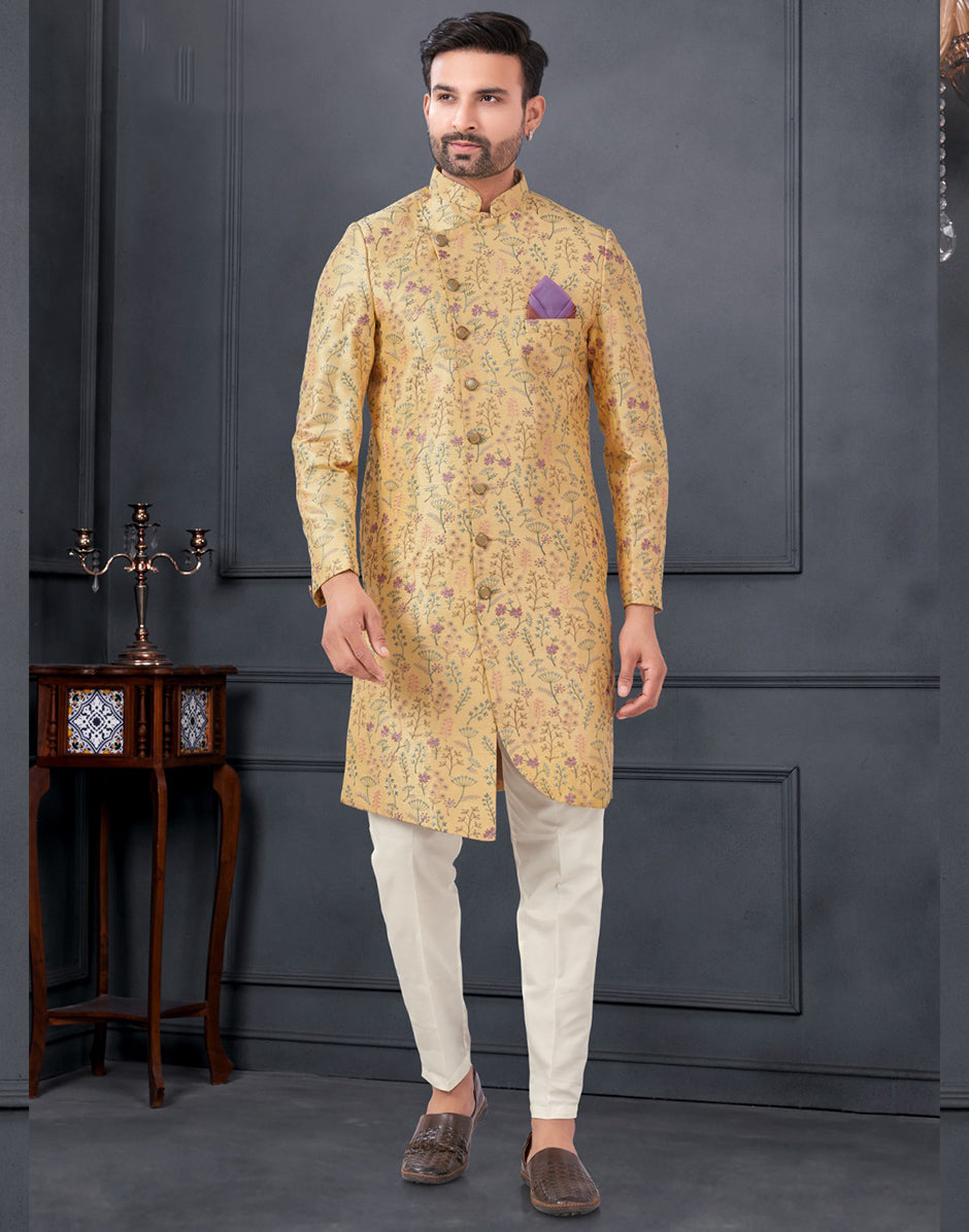 Elegant Cream Pure Silk Embroidered Indowestern Kurta Pyjama Set