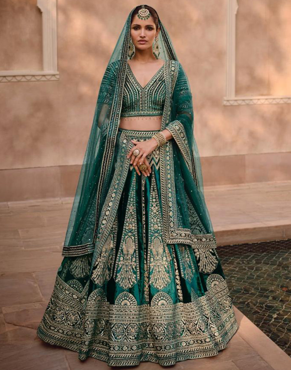 Elegant Dark Green Lehenga with Handworked Blouse & Tail-Cut Full-Length Dupatta