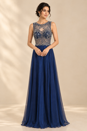Elegant Navy Blue Beaded Evening Gown - RENT