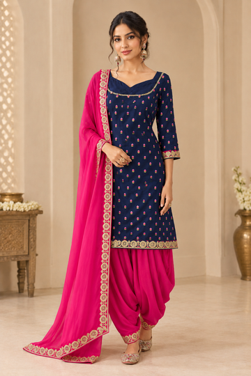 Elegant Navy and Fuchsia Patiala Dupatta Set  - RENT