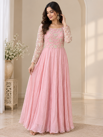 Pink Embroidered Gown Partywear Dress - RENT