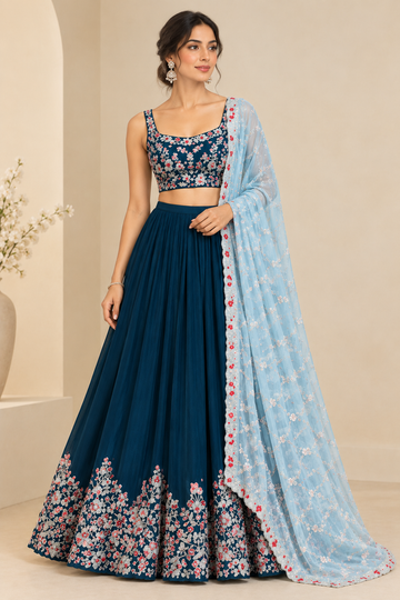 Elegant Teal Floral Embroidered Lehenga for Wedding Guest - RENT