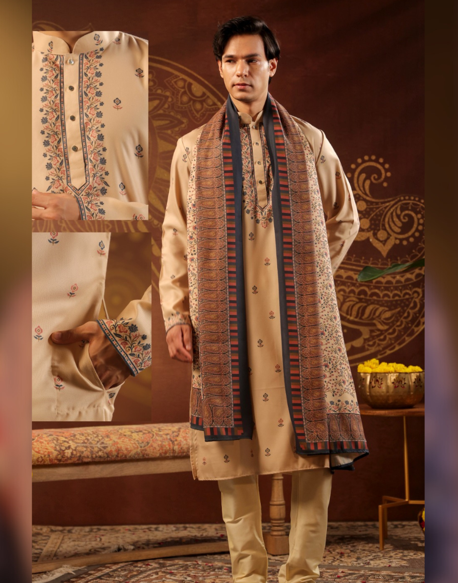 Elegant Beige Floral Kurta Pajama Dupatta Set Soft Poly Spun Pashmina Fabric