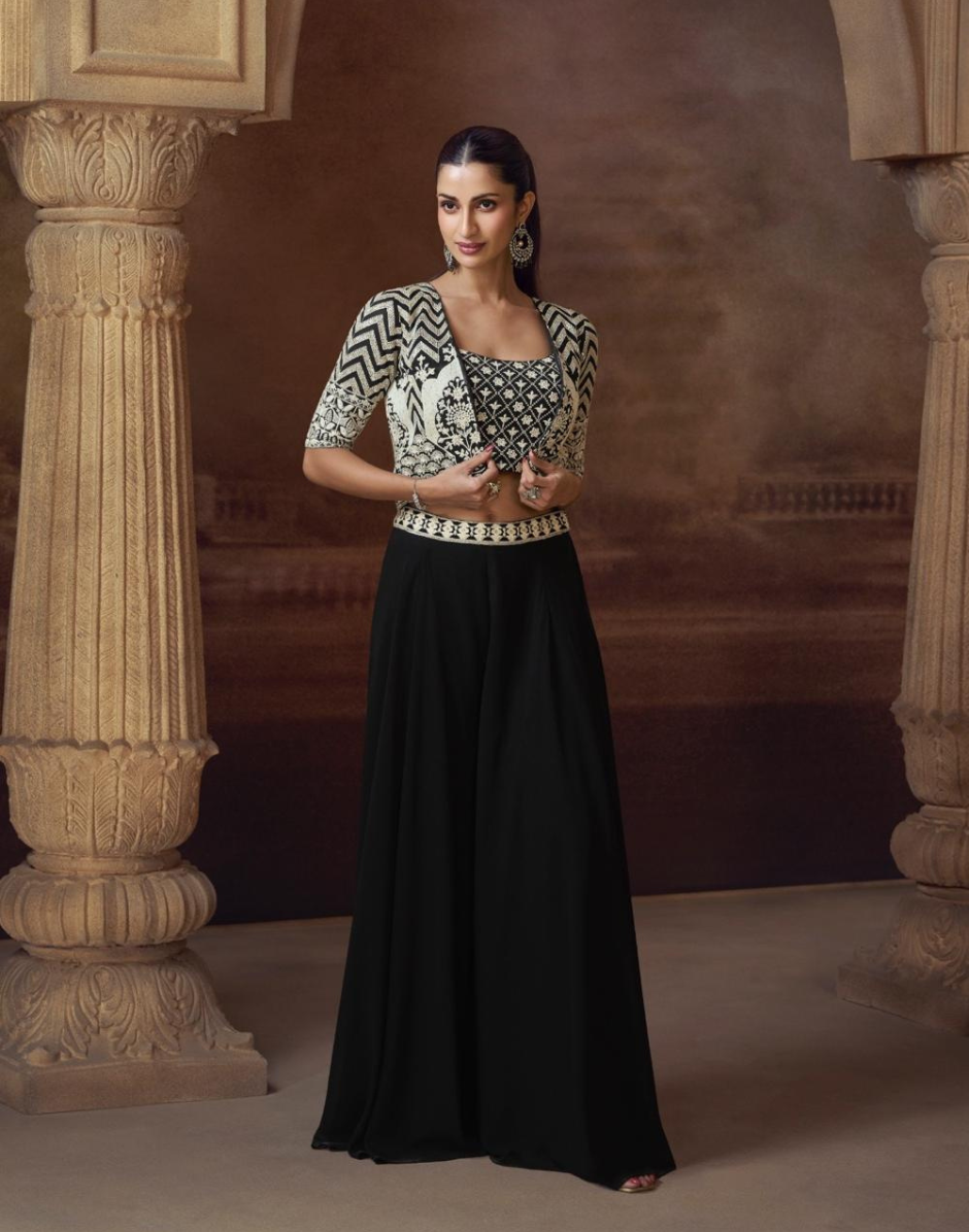 Elegant Black Embroidered Jacket Set Chinon Silk Georgette with Mirror Work, Palazzo & Blouse