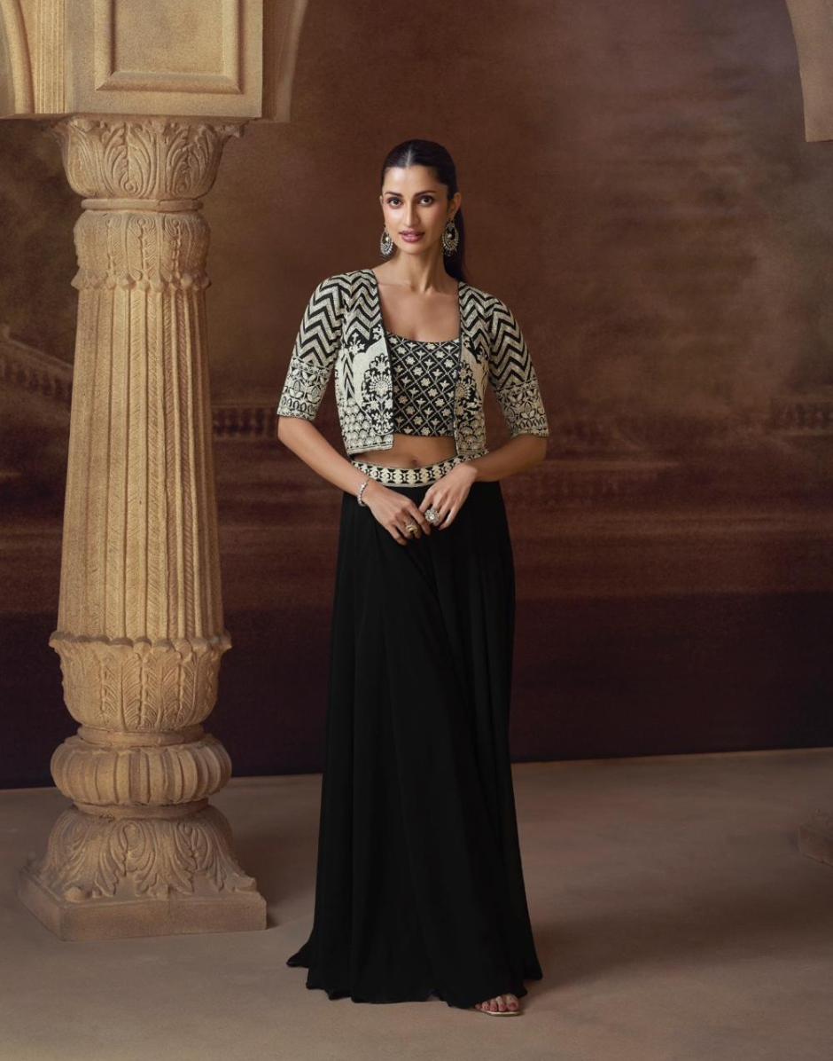 Elegant Black Embroidered Jacket Set Chinon Silk Georgette with Mirror Work, Palazzo & Blouse_1