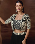 Elegant Black Embroidered Jacket Set Chinon Silk Georgette with Mirror Work, Palazzo & Blouse_2