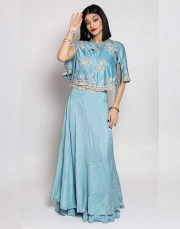 Elegant Blue Embroidered Silk Top, Skirt & Jacket 3-Piece Set Stylish and Sophisticated Couture
