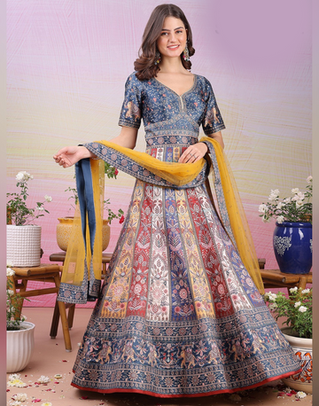Elegant Blue Satin Silk Gowns with Digital Prints Swarovski Crystal Detailing