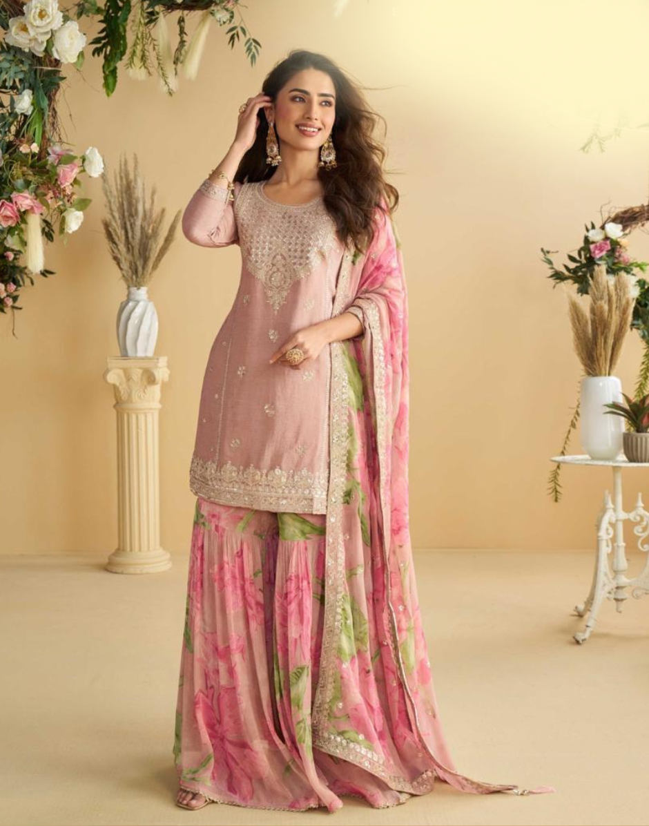 Elegant Blush Pink Chinon Silk Ensemble Embroidered Top, Palazzo & Dupatta