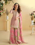 Elegant Blush Pink Chinon Silk Ensemble Embroidered Top, Palazzo & Dupatta