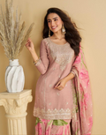 Elegant Blush Pink Chinon Silk Ensemble Embroidered Top, Palazzo & Dupatta_1
