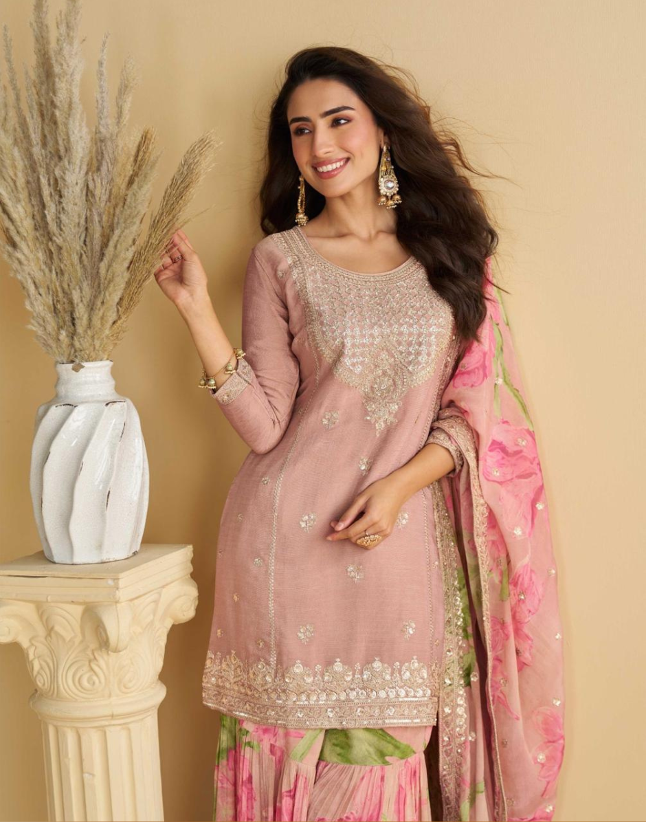 Elegant Blush Pink Chinon Silk Ensemble Embroidered Top, Palazzo & Dupatta_1