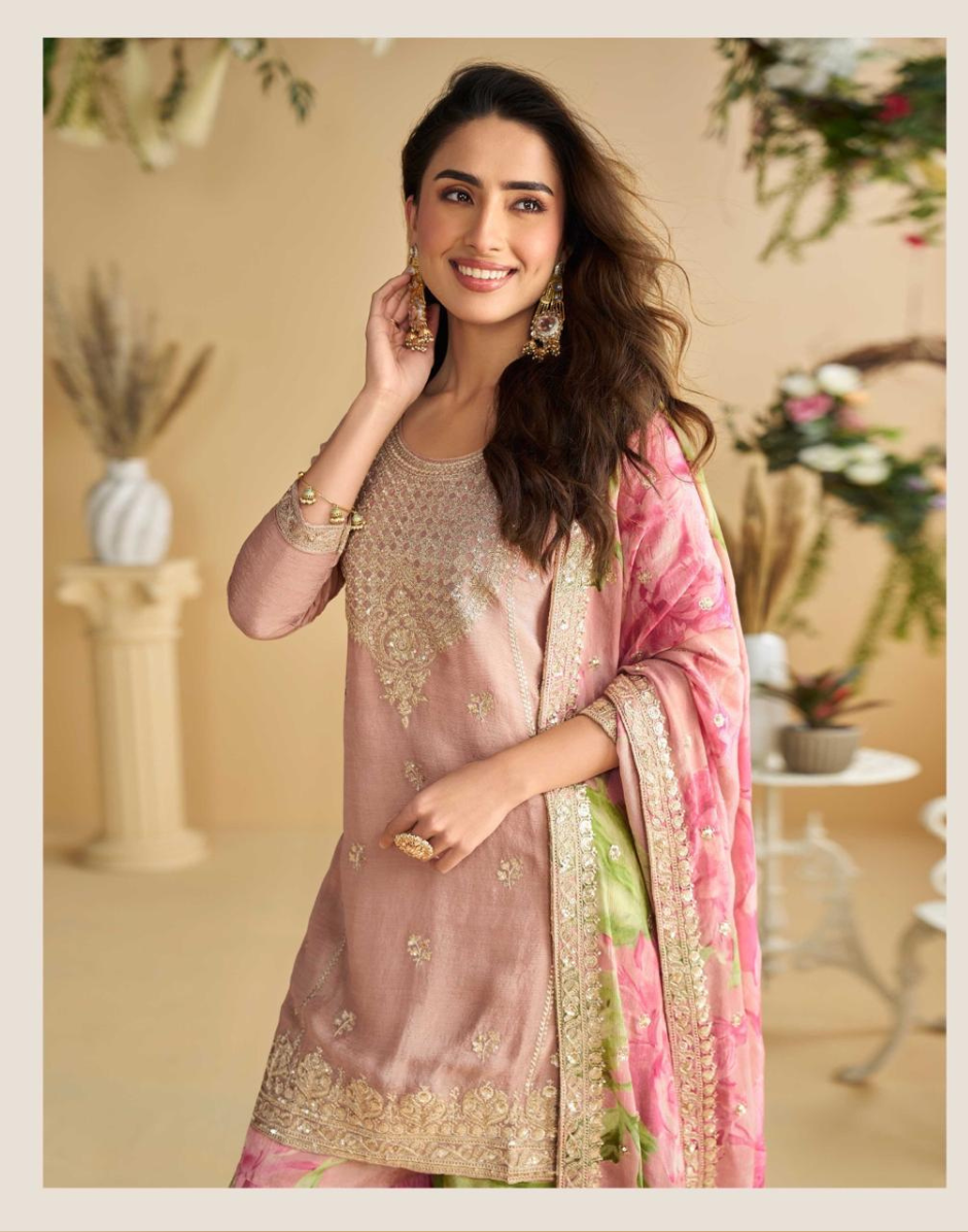 Elegant Blush Pink Chinon Silk Ensemble Embroidered Top, Palazzo & Dupatta_2