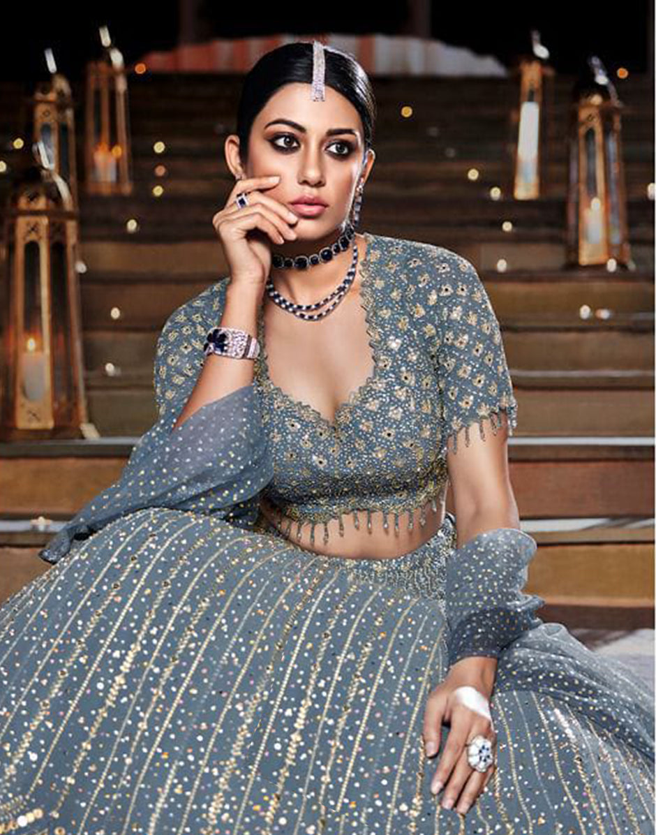 Elegant Charcoal Grey Sequins Kalidar Tassel Embroidered Lehenga Blouse Dupatta Set