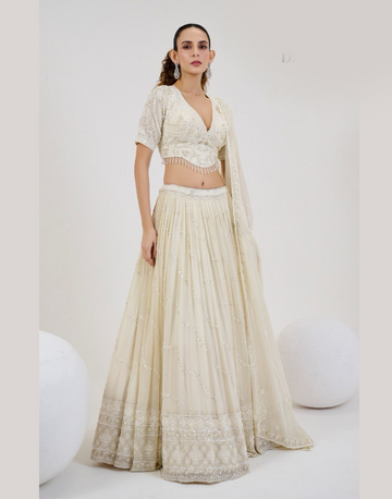 Elegant Cream Lehenga Set Georgette Jacquard with Embroidered Blouse & Handwork Dupatta