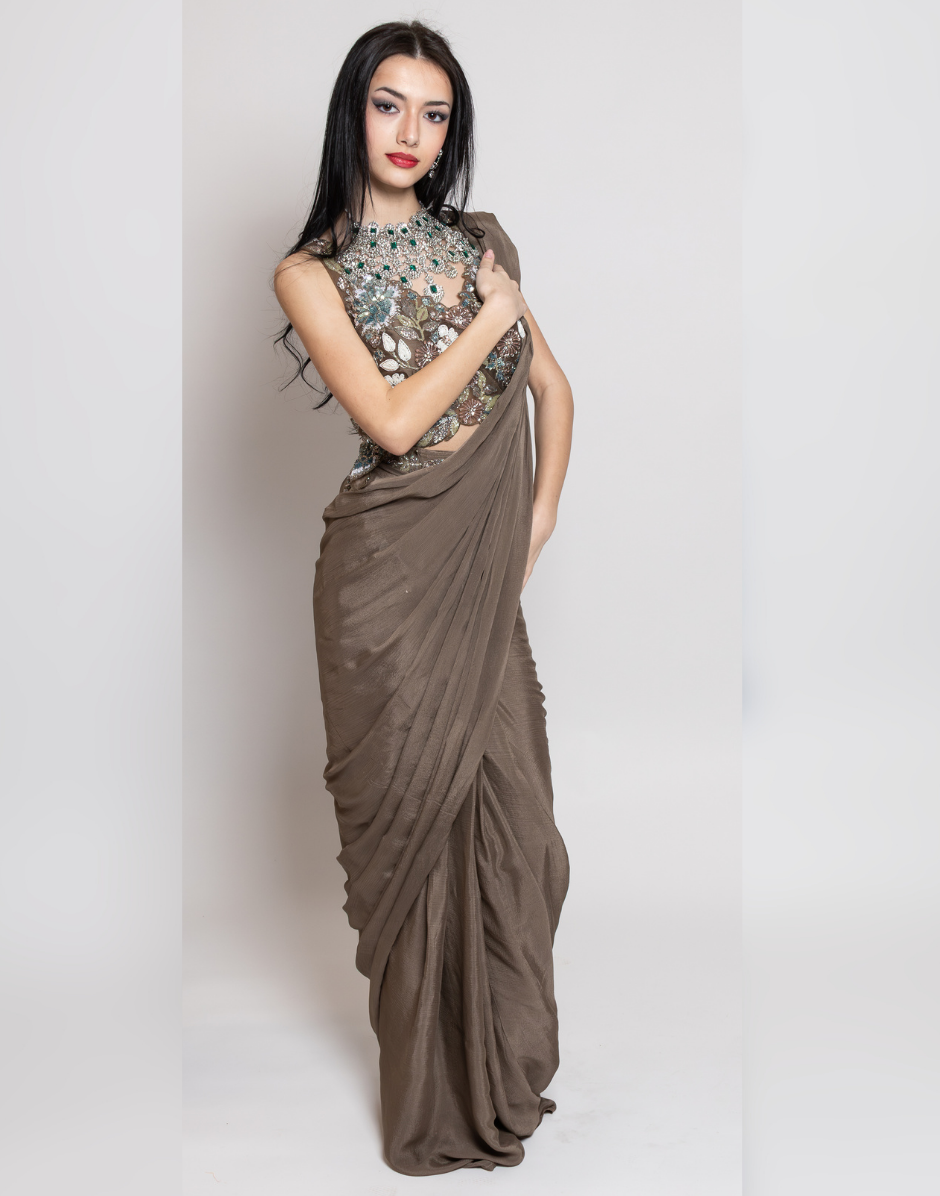 Antique Brown Embellished Imported Fabric Pre-Draped Saree