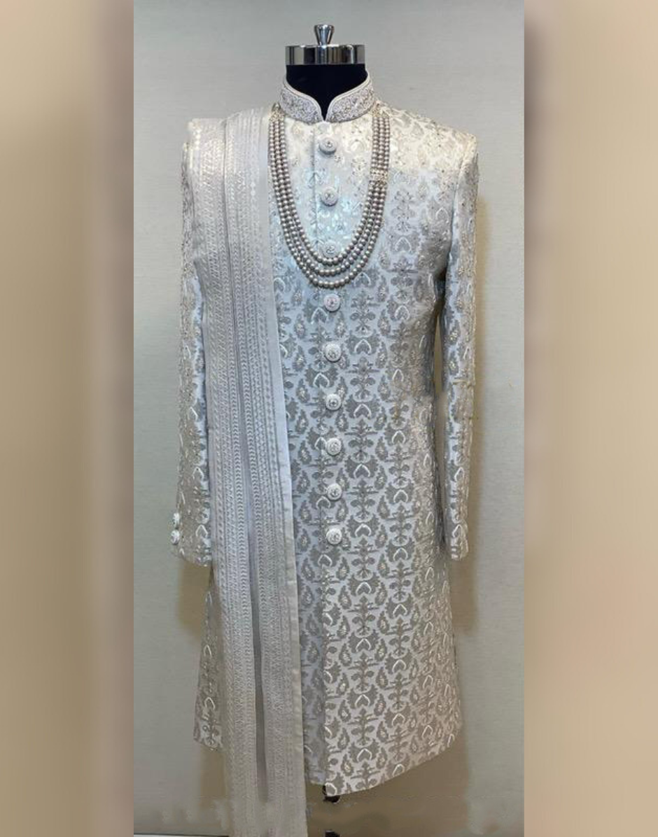 Elegant Dark Fawn Sherwani Set with Intricate Embroidery for Grooms