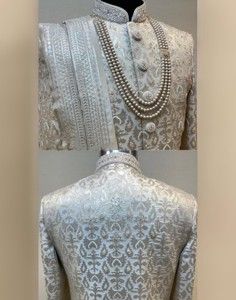 Elegant Dark Fawn Sherwani Set with Intricate Embroidery for Grooms