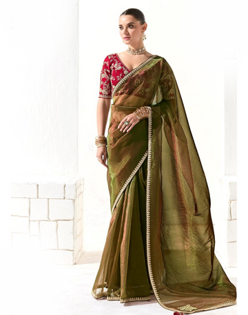 Elegant Dual Shade Organza Tissue Saree with Intricate Embroidery & Sequin Work