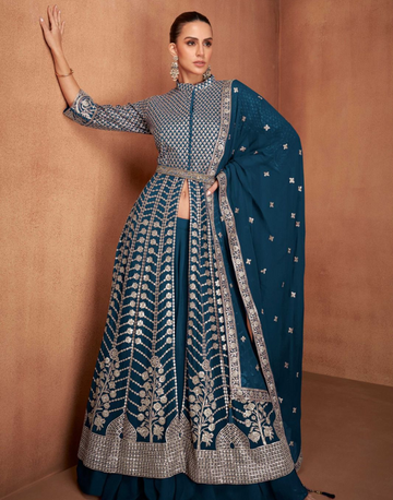 Elegant Embroidered Front Slit Georgette Top, Bottom & Dupatta Set