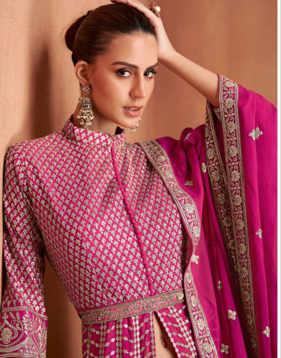 Elegant Embroidered Front Slit Georgette Top, Bottom & Dupatta Set_2