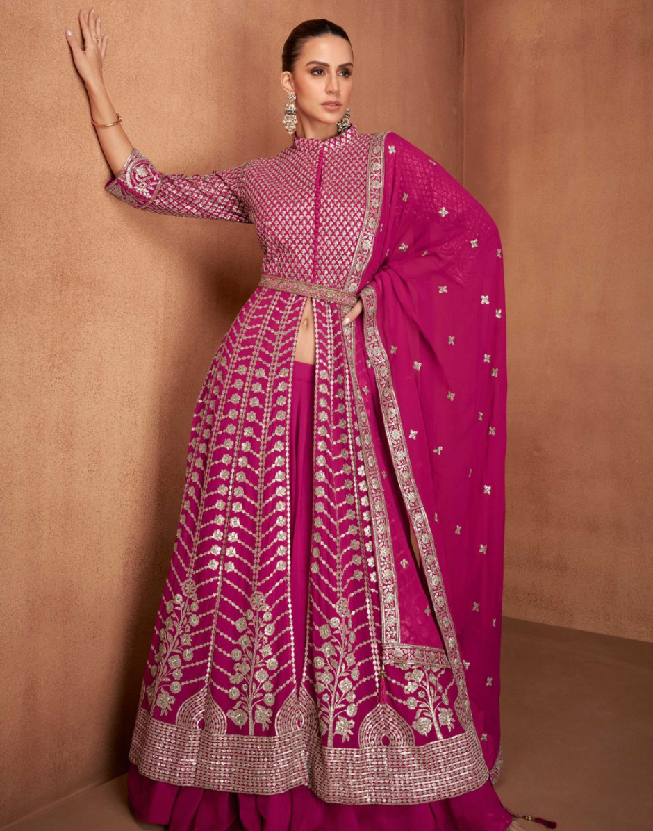 Elegant Embroidered Front Slit Georgette Top, Bottom & Dupatta Set_2