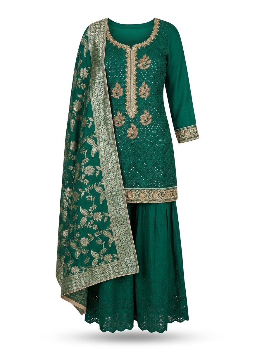Elegant Emerald Green Embroidered Kurta Set with Palazzo & Dupatta