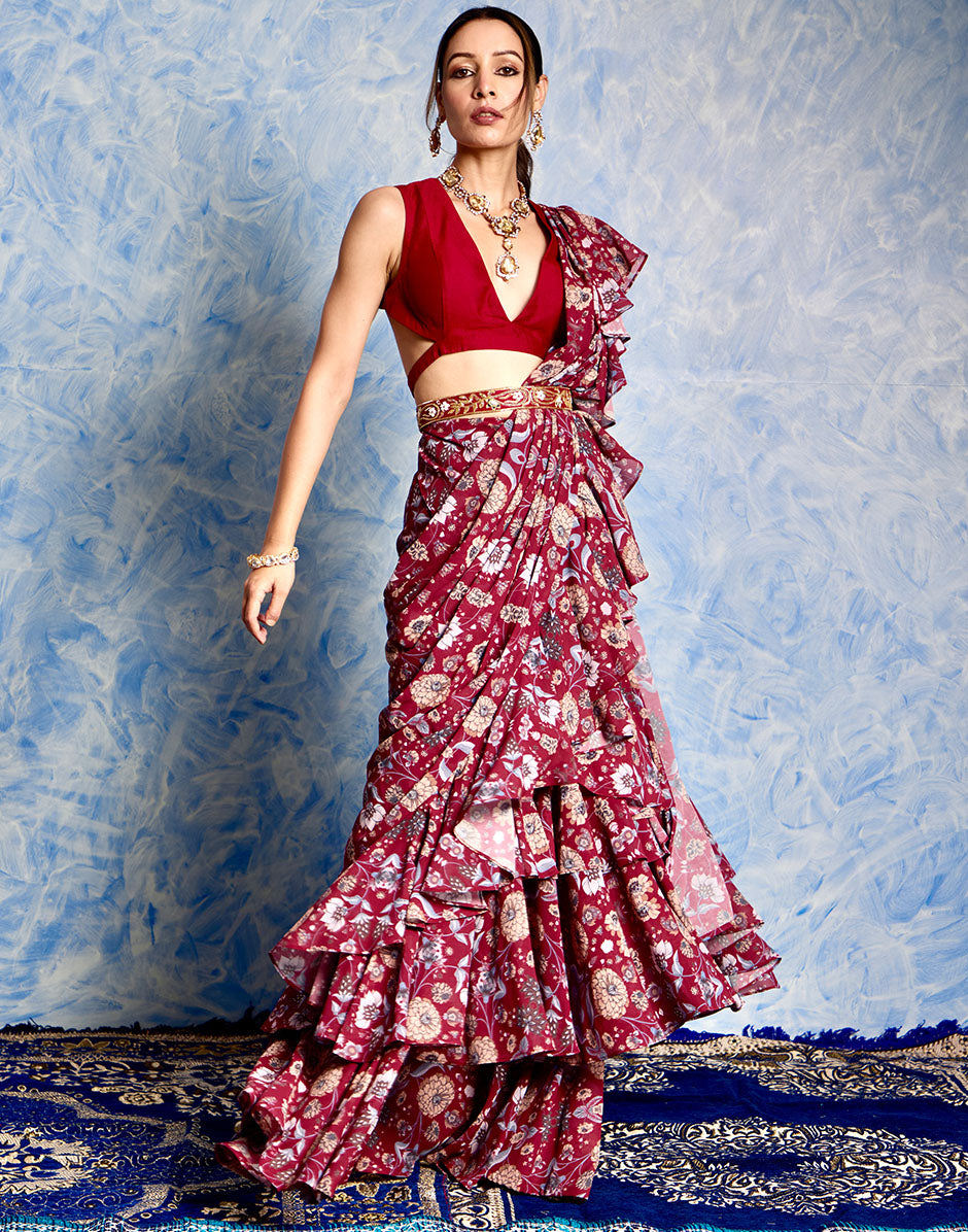Elegant Ensemble Maroon Georgette Printed Ruffle Pre-Stitched Saree with Plunge Neck Silk Blouse and Belt